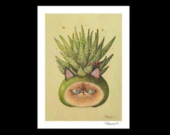 Cat x Succulent #4 Hand verfraaid Fine Art Print door Phoenix Chan