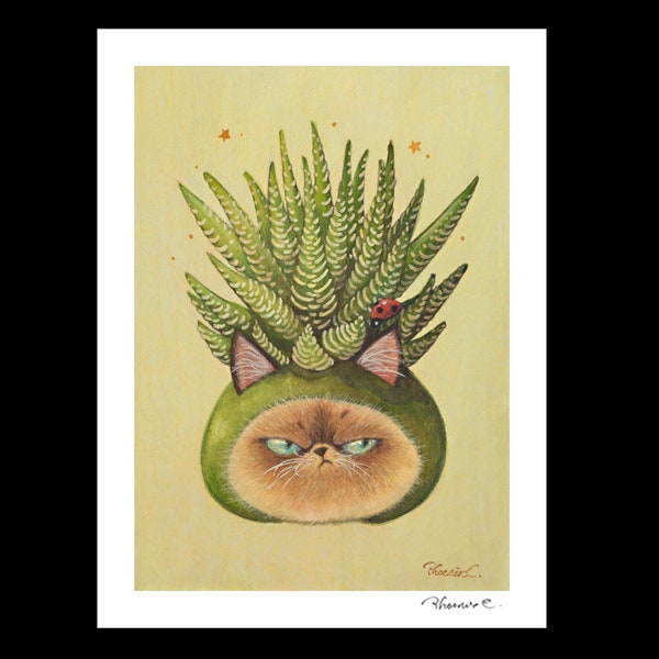 Cat x Succulent #4  Hand Embellished Fine Art Print by Phoenix Chan