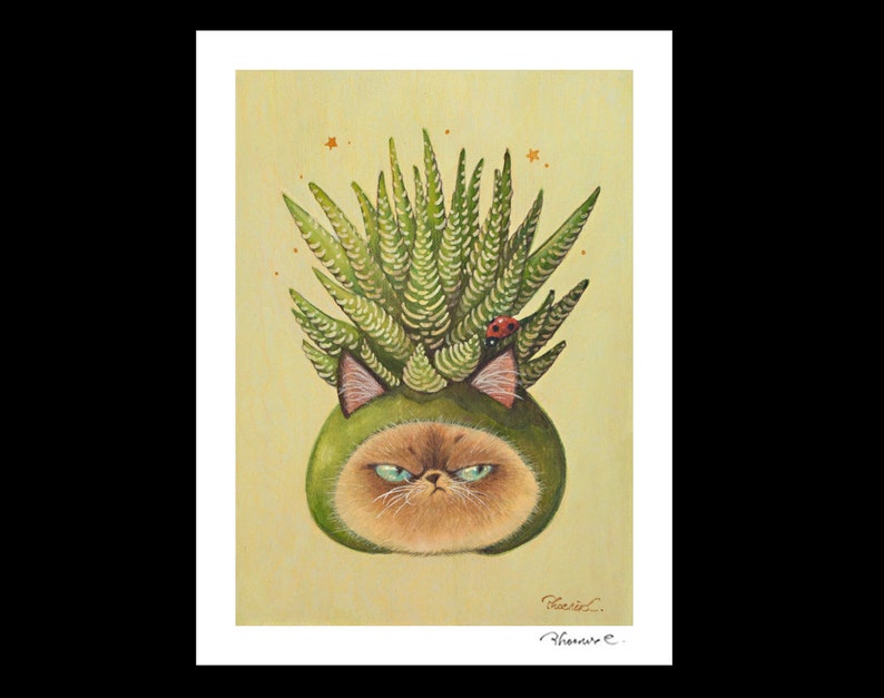 Cat x Succulent 4 Hand Embellished Fine Art Print by Phoenix Chan image 1