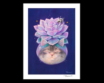 Cat x Succulent #6 Hand verfraaid Fine Art Print door Phoenix Chan