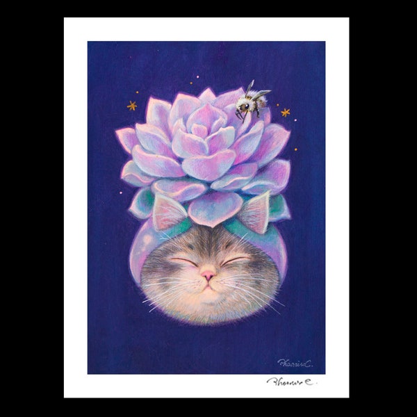 Backorder-Cat x Succulent #6  Hand Embellished Fine Art Print by Phoenix Chan