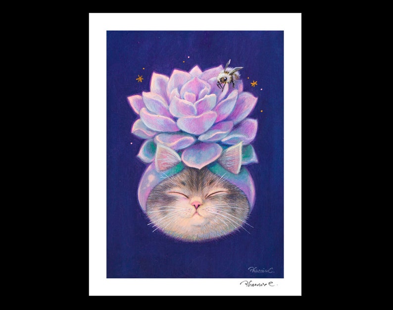 Cat x Succulent 6 Hand Embellished Fine Art Print by Phoenix Chan image 1