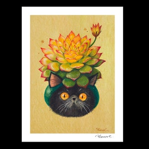 Cat x Succulent 5 Hand Embellished Fine Art Print by Phoenix Chan image 1