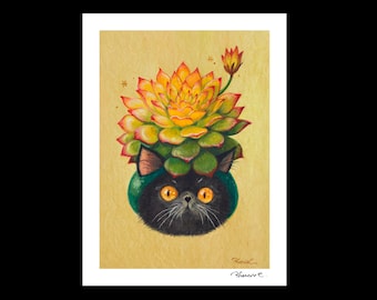 Cat x Succulent #5  Hand Embellished Fine Art Print by Phoenix Chan