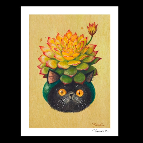 Cat x Succulent #5  Hand Embellished Fine Art Print by Phoenix Chan