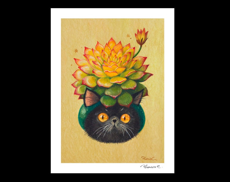 Cat x Succulent 5 Hand Embellished Fine Art Print by Phoenix Chan image 1