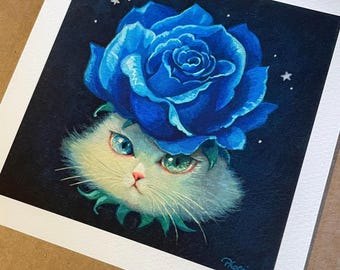 猫×花 - フェニックス・チャンによる青いバラのファインアートプリント