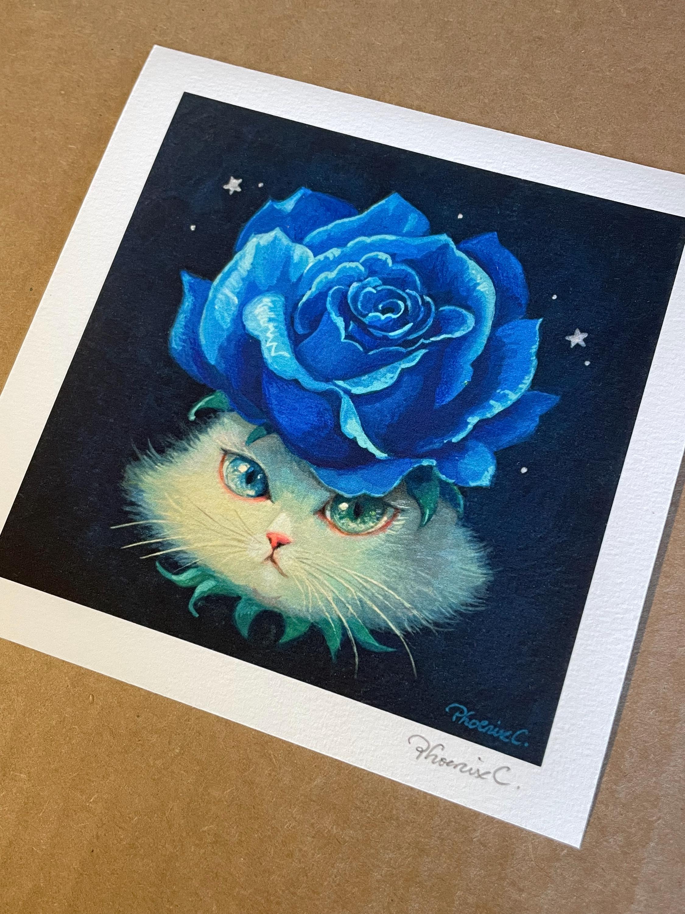 猫×花 - フェニックス・チャンによる青いバラのファインアートプリント