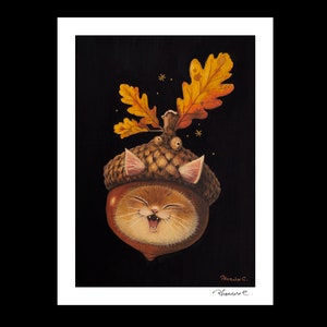 Cat x Acorn #3  Hand Embellished Fine Art Print by Phoenix Chan