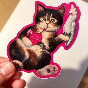 May include: A sticker featuring a cartoon cat with a pink heart-shaped drink and a white cockatoo. The cat is wearing a black and brown striped coat and has green eyes. The sticker is on a pink background.