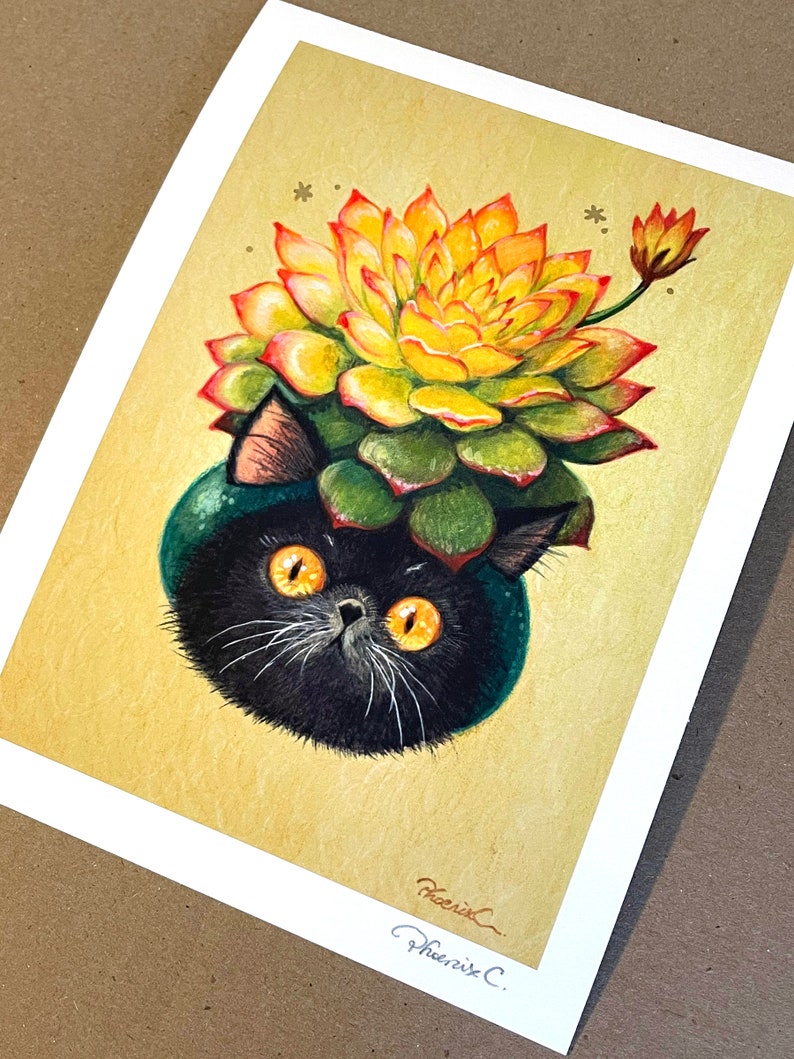 Cat x Succulent 5 Hand Embellished Fine Art Print by Phoenix Chan image 2