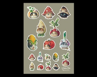 May include: A sheet of stickers featuring cats wearing various fruit and vegetable costumes. The stickers are colorful and feature a variety of designs, including a cat wearing a pumpkin, a cat wearing a corn cob, and a cat wearing a tomato.