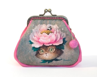 Cat x Flower-Peony Kiss Lock Pouch