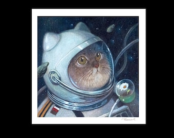 May include: A cat wearing a white astronaut helmet with a brown face and large, round eyes. The cat is floating in space with a small, green plant in a glass sphere next to it.