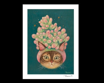 Cat x Succulent #2  Hand Embellished Fine Art Print by Phoenix Chan