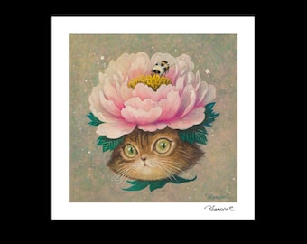 Cat x Flower Peony Fine Art Print by Phoenix Chan