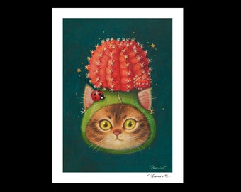 Cat x Succulent #7 Hand verfraaid Fine Art Print door Phoenix Chan