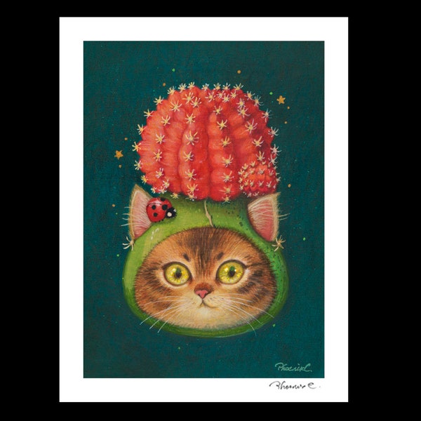 Cat x Succulent #7  Hand Embellished Fine Art Print by Phoenix Chan