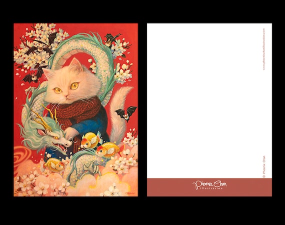 コージー #141- 龍年- 猫のイラストポストカード - Etsy 日本