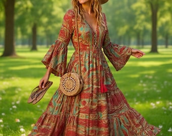 Boho maxi-jurk met paisley bloemen – vloeiende v-hals strandvakantiestijl