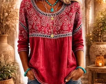 Boho top met bloemenkantdetails, kaki blouse met ronde hals, casual tuniekshirt in grote maten