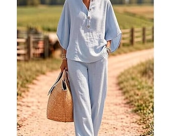 Soft Linen Cotton Two Piece Outfit, Minimalist Women Matching Lounge Wear Set