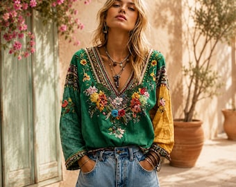 Women'Printed Linen Blouse | Floral Boho V Neck Top | long sleeves, casual retro vintage-inspired-top.