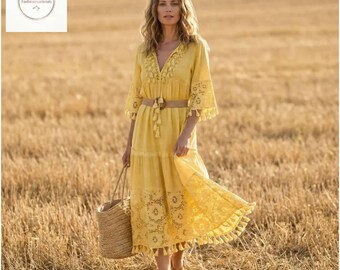 Vestido midi bohemio de lino con borlas de encaje / Conjunto bohemio de playa para verano