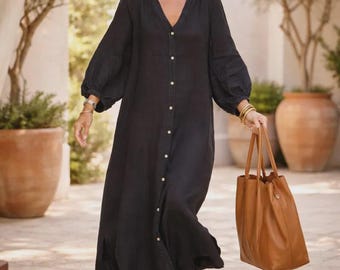 Vestido largo bohemio de lino y algodón / Manga larga con botones delanteros / Camisa de corte relajado / Verano minimalista
