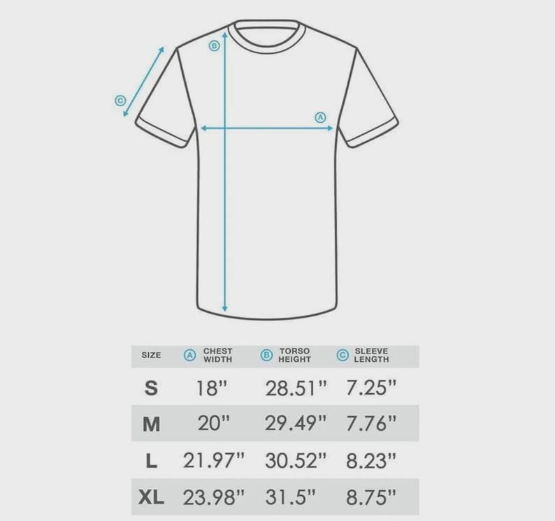 Puede incluir: Un diagrama de camiseta con medidas de ancho de pecho, altura del torso y largo de manga. Tallas: S (45.72cm pecho, 72.41cm torso, 18.42cm manga), M (50.8cm pecho, 74.90cm torso, 19.71cm manga), L (55.80cm pecho, 77.52cm torso, 20.91cm manga), XL (60.91cm pecho, 80.01cm torso, 22.23cm manga).