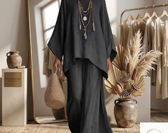 Conjunto de moletom feminino em algodão e linho com calça pantalona de duas peças | Look boho casual