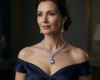 Fioletowy kryształowy komplet ślubny w kształcie łezki | Naszyjnik i kolczyki