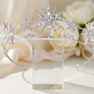 Handmade Starry Crystal Bridal Tiara | Celestial Wave Crown | Elegant Crystal Wedding Headband | Star Diadem for Bride