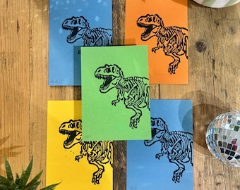 T-Rex Lino Print on coloured card - A6