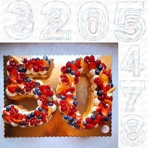 Sahnetorte mit Zahlen von 0 bis 9 | Druckbare A4-Alphabet-Tortenvorlage | Größen für Geburtstagstorten mit Zahlen | DIY-Tortenschablone
