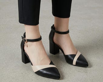 Frauen klassische Slingback Pumps | Spitze Toe Blockabsatz Schuhe | Ankle Strap Büro Arbeitsschuhe