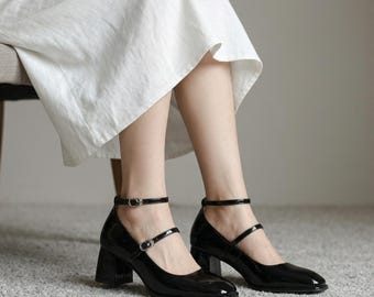 Mary Jane-hakken van lakleer dames | Dikke hak met ronde neus | Comfortabele kantoorschoenen in vintagestijl