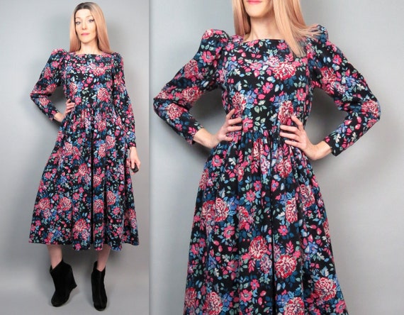 Vintage 80s Laura Ashley Floral Corduroy Midi Dres