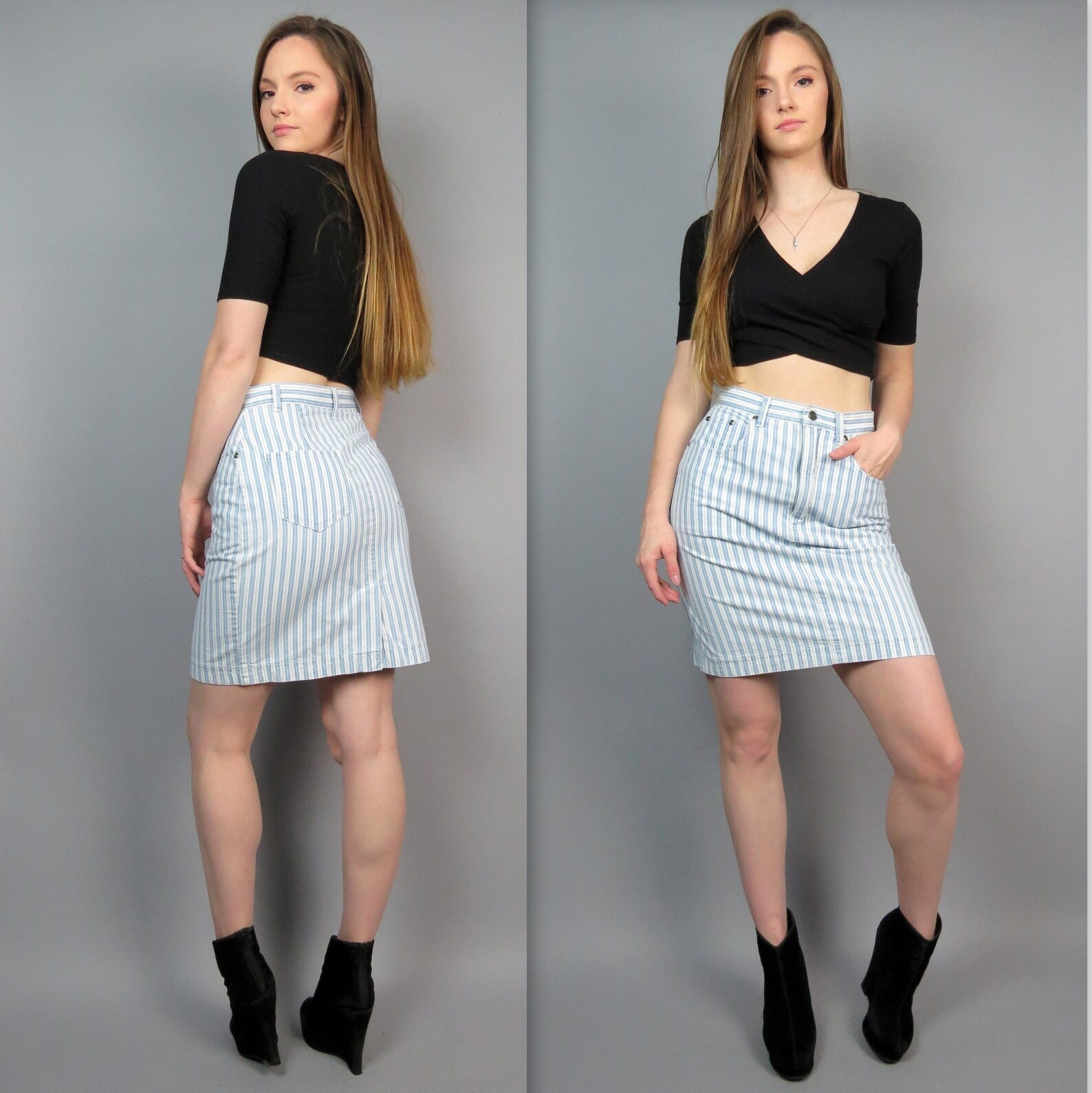 Vintage 90s High Waisted Jean Skirt Striped Lightweight Denim Etsy