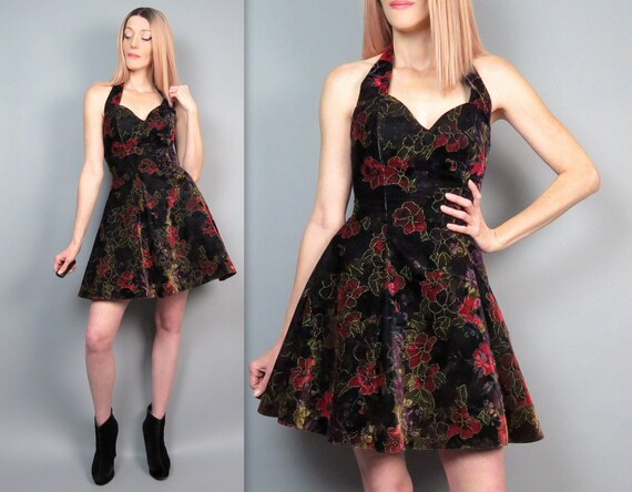 Vintage 90s Velvet Skater Dress Floral Print Fit a