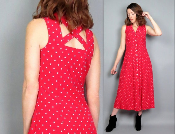 Vintage 90s Red Polka Dot Dress Button Up Front Midi Maxi Etsy