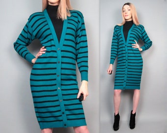 Vintage 80s Striped Sweater Dress Cozy Knit Jumper Dress 1980s Long Sweater Tunic Mock Neck New Wave Teal Green Black Stripe Small Medium