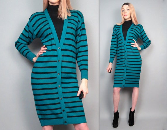 Vintage 80s Striped Sweater Dress Cozy Knit Jumpe… - image 1