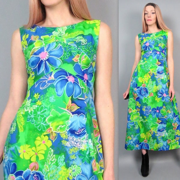 Vintage 70s Hawaiian Maxi Dress Vibrant Blue Green Floral Long Dress 1970s Luau Gown Tiki Dress Sleeveless Maxi Resort Hawaii Vacation Small