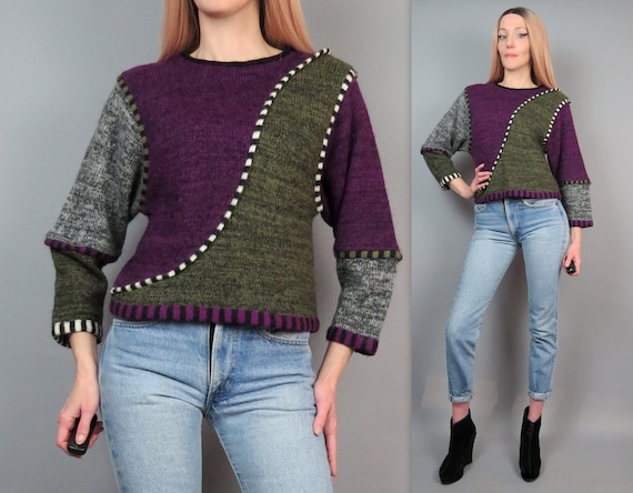 Vintage 80s Swirl Colorblock Sweater Mohair Blend… - image 1