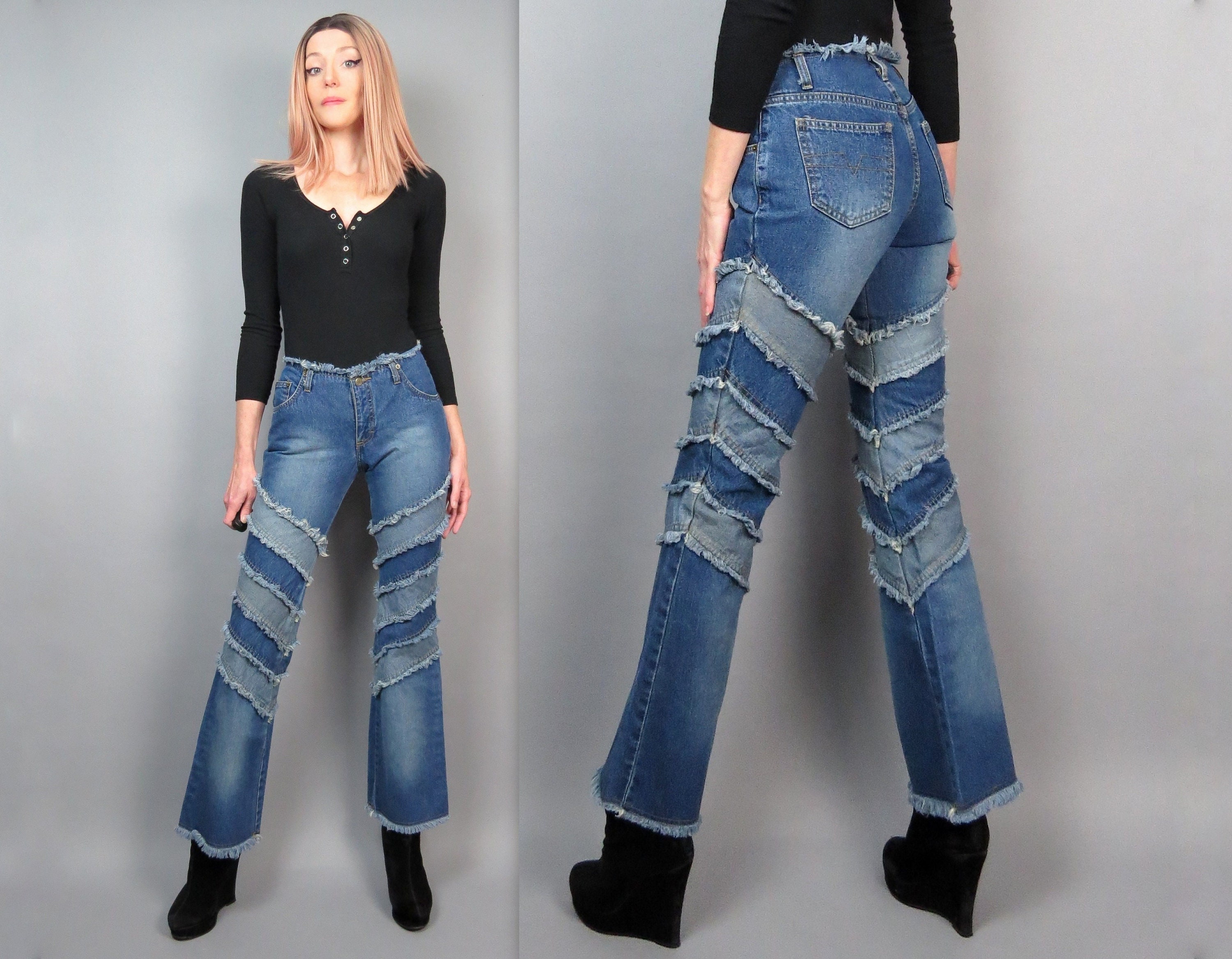 Vintage Panelled High Waist Flare Jeans Hippie Retro Patchwork