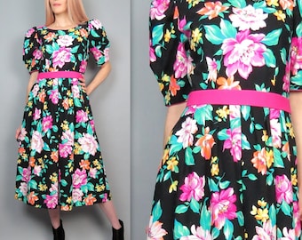 Vintage 80s Lanz Originals Puff Sleeve Black Floral Print Midi Dress 1980s Garden Party Cotton Bright Button Back Fit & Flare Pocket Dress M