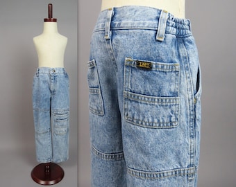 Vintage 80s Kids Lee Acid Wash Jeans High Waisted 1980s Childrens Seamed Baggy Fit Blue Jeans Kids Cargo Jeans Pockets Kids Sz 5 Made in USA
