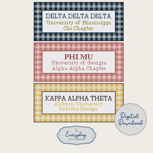 May include: Three rectangular cross-stitch patterns featuring gingham borders in navy, red, and yellow. Each contains text: DELTA DELTA DELTA University of Mississippi Chi Chapter, PHI MU University of Georgia Alpha Alpha Chapter, and KAPPA ALPHA THETA Auburn University Gamma Omega. Includes a Digital Download badge.