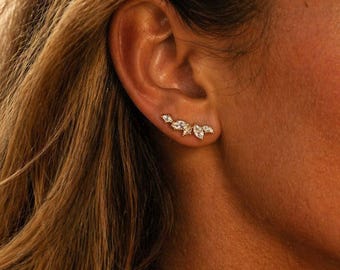 Ear Climber Earrings Gold / CZ Leaf Ear Crawler / Minimalist Ear Cuff Style Earrings / Statement Climber Earrings for Women